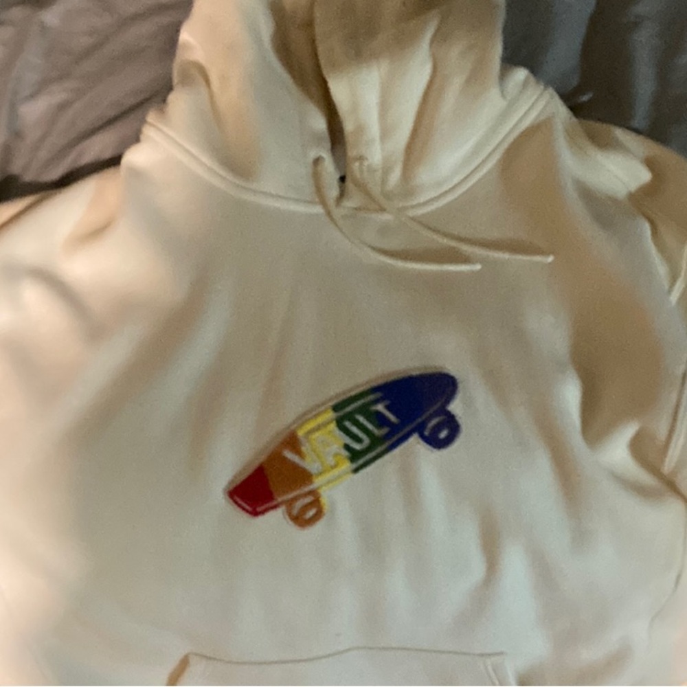 Vans Cream Hoodie with Multicolor Skateboard Design